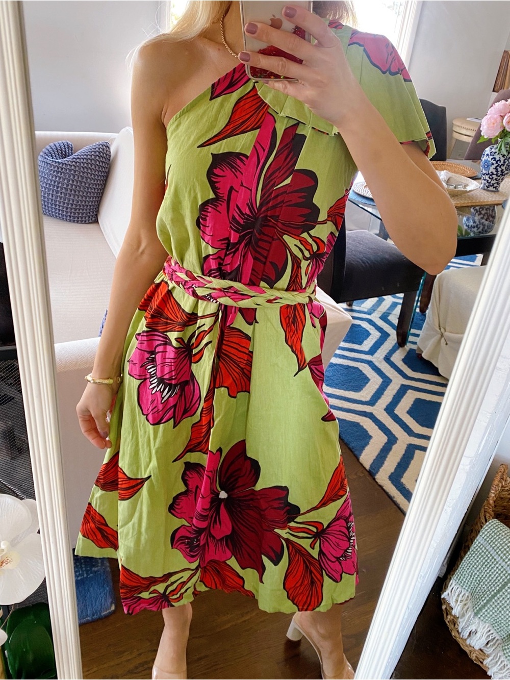 US TOGETHER Tropical Floral One Shoulder Dress in Lime Green and Fuchsia!